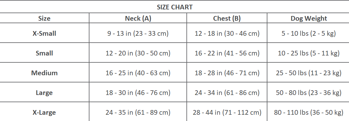 dog harness size chart